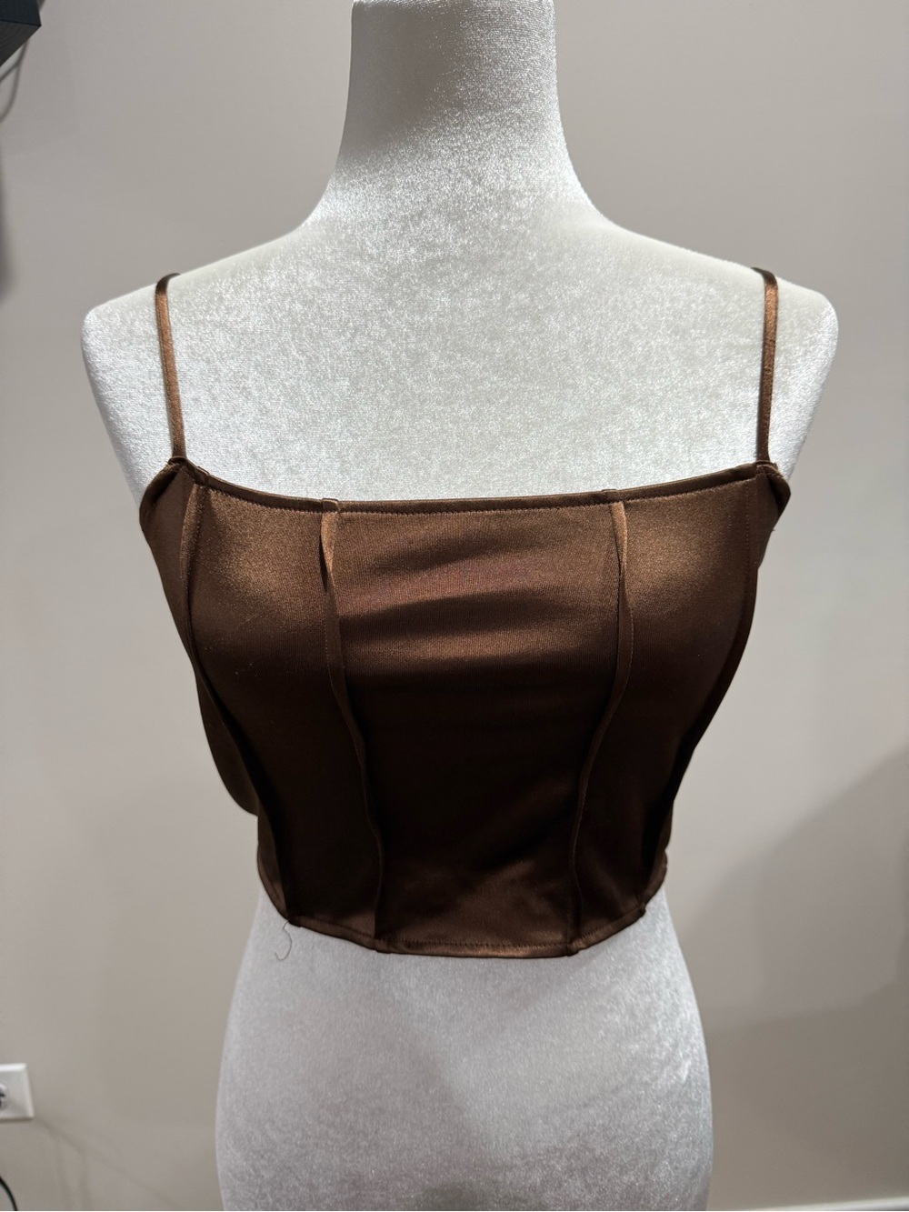 Divided Brown Satin Square-Neck Crop Cami